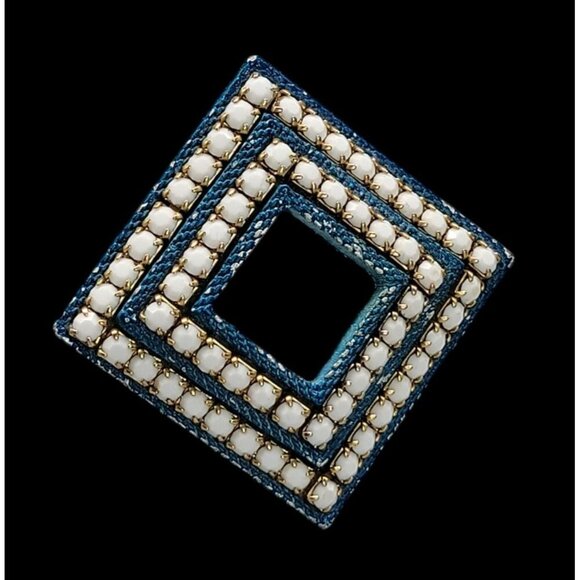 Unknown Jewelry - Square Rhinestone Brooch Pin With Gold Detailing & Blue Enamel Finish Vintage